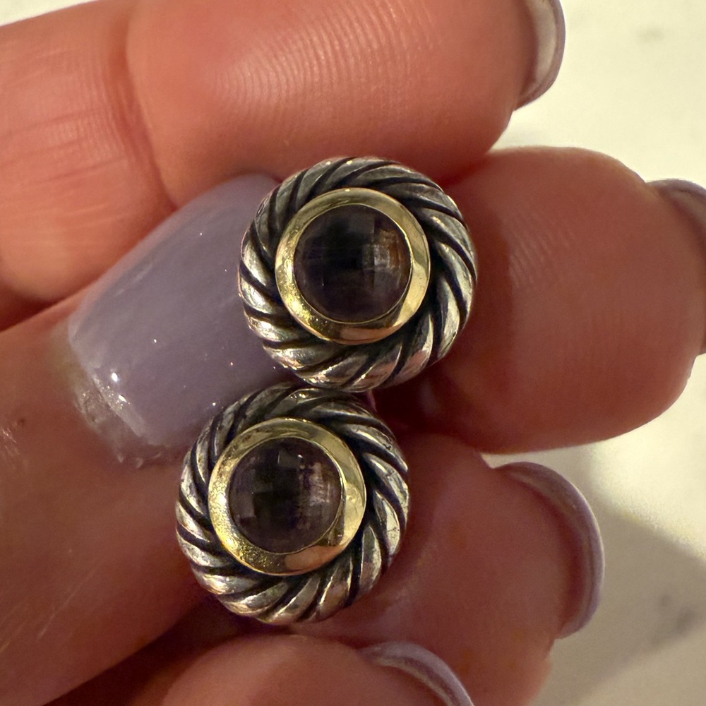 Sterling Silver Rope-Edge Stud Earrings with Smoky Gem